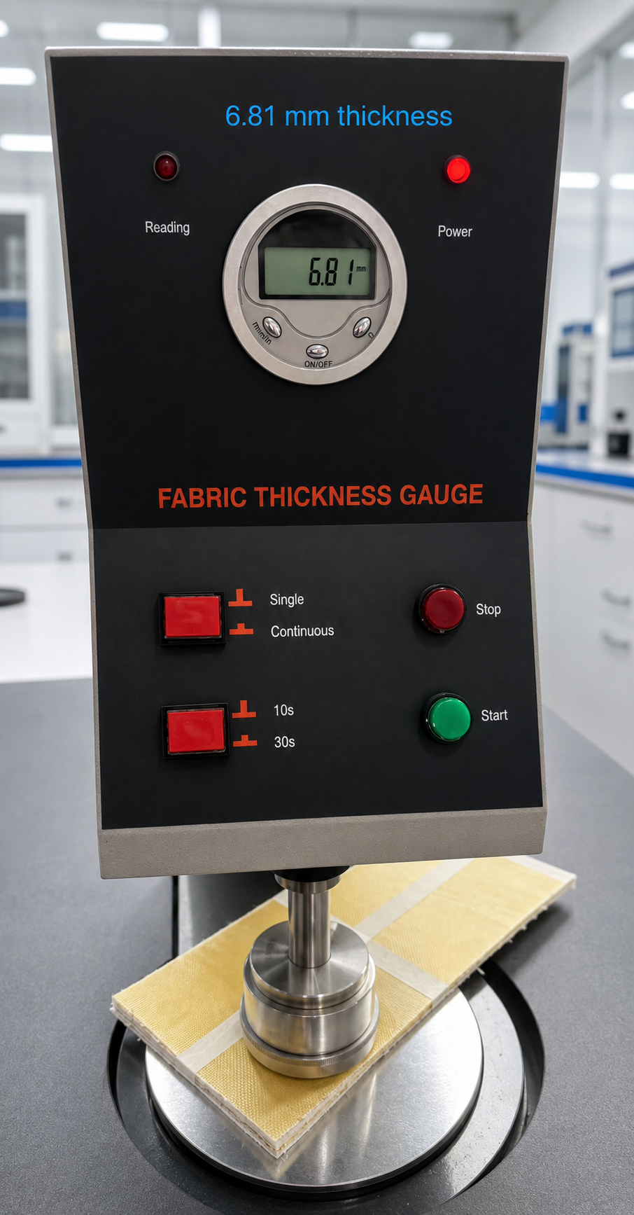 Fabric thickness gauge showing a 6.81 millimetre panel measurement in a professional materials laboratory