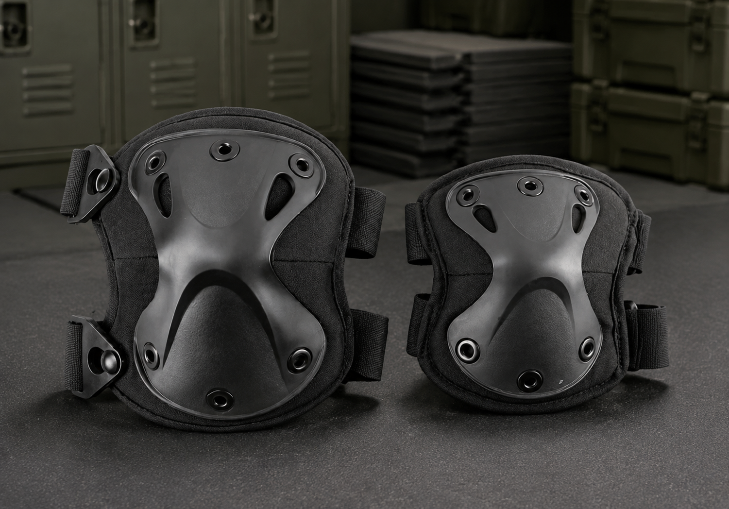 Black knee and elbow protective pads displayed in a professional training-equipment room