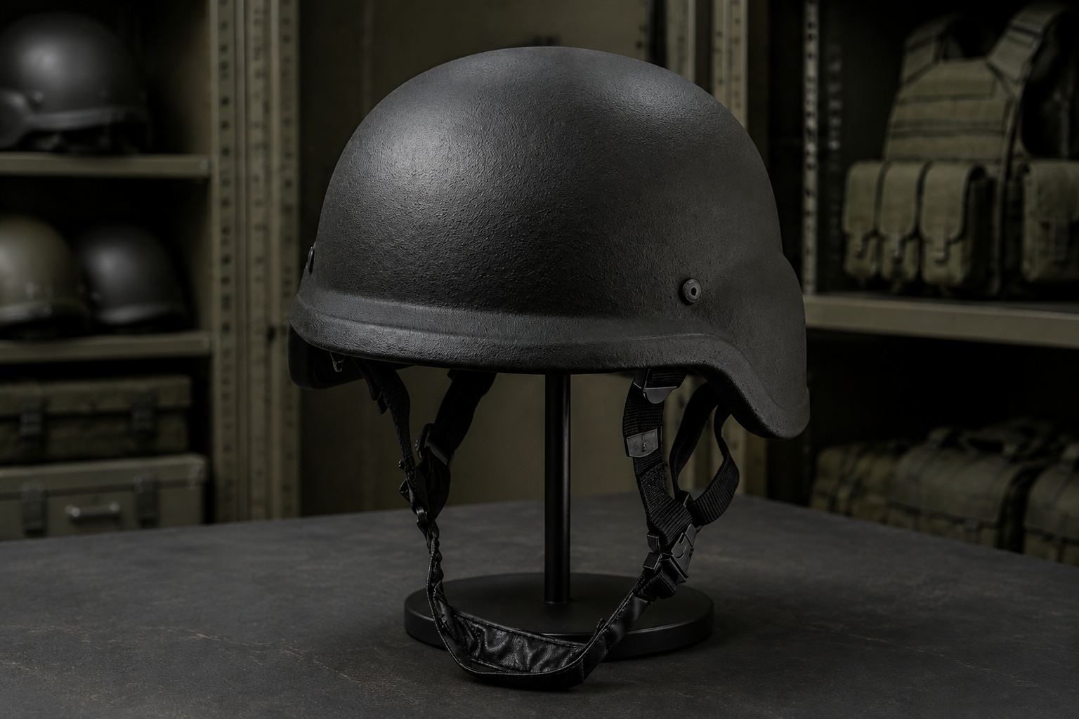 Black PASGT ballistic helmet displayed in a professional protective-equipment room